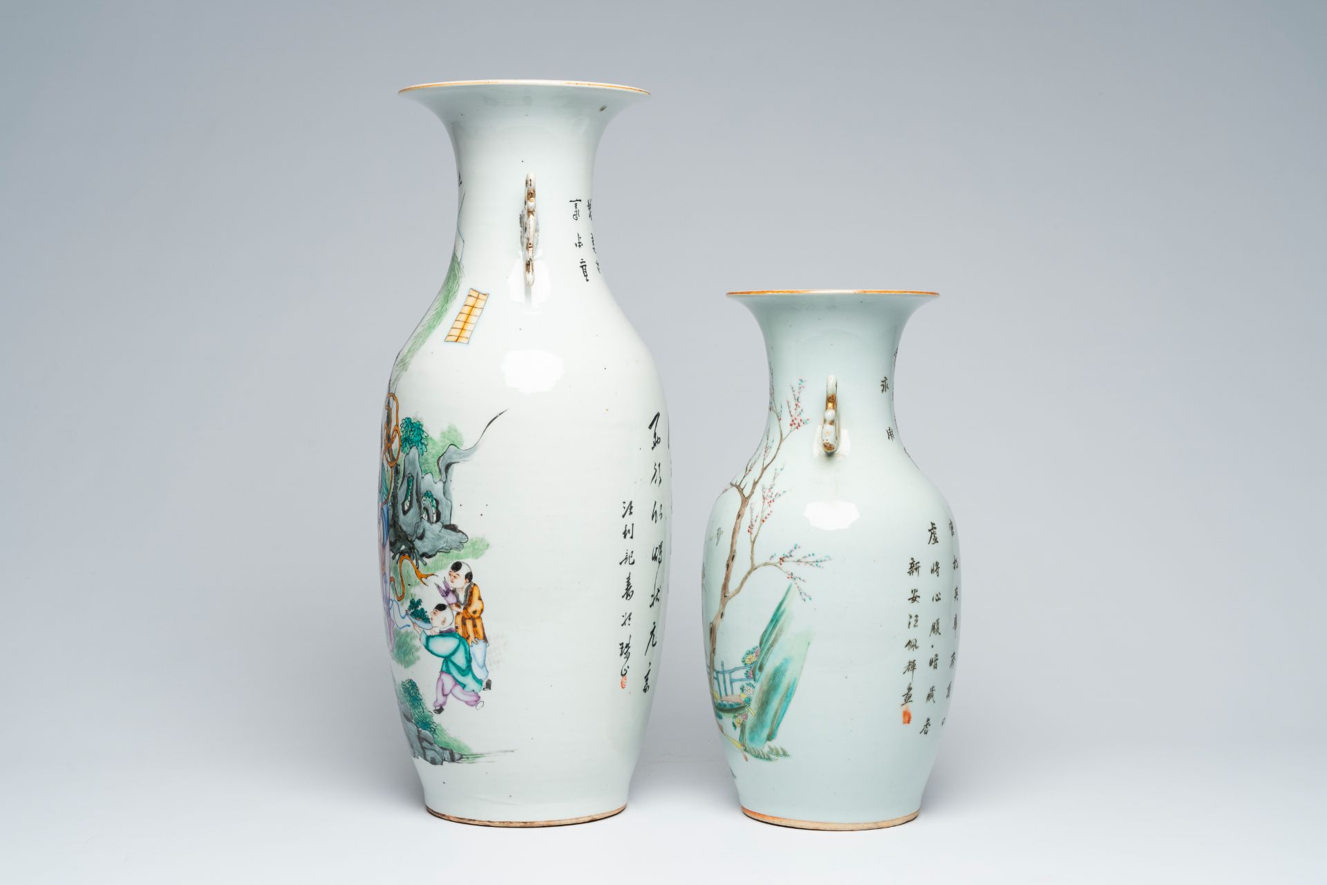 Two Chinese famille rose vases with Magu and ladies and children playing in a garden, 19th/20th C. - Image 2 of 6