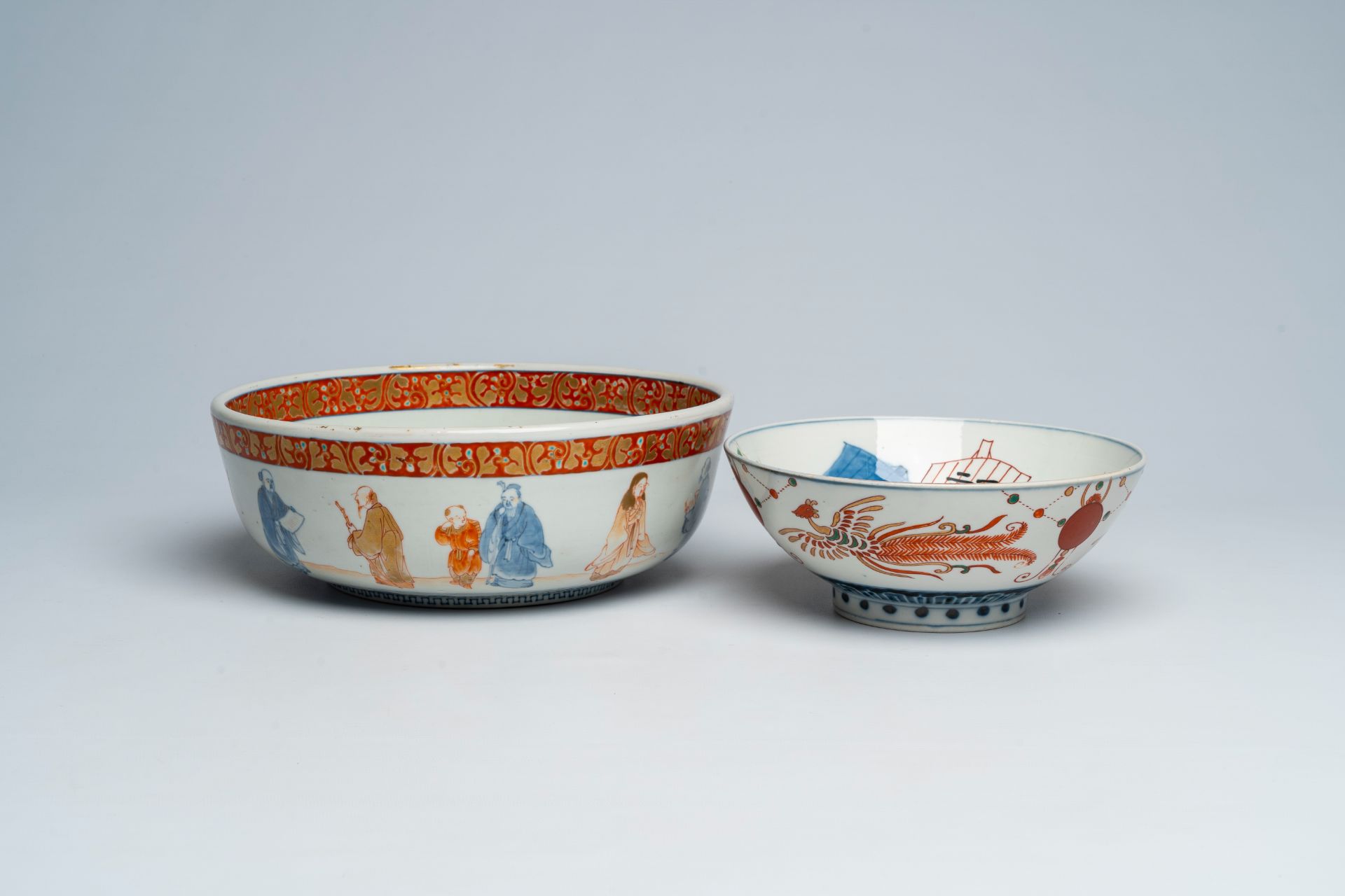 A Japanese Imari 'sages' bowl and a bowl with sailing ships and phoenixes, Meiji, 19th C. - Image 2 of 7