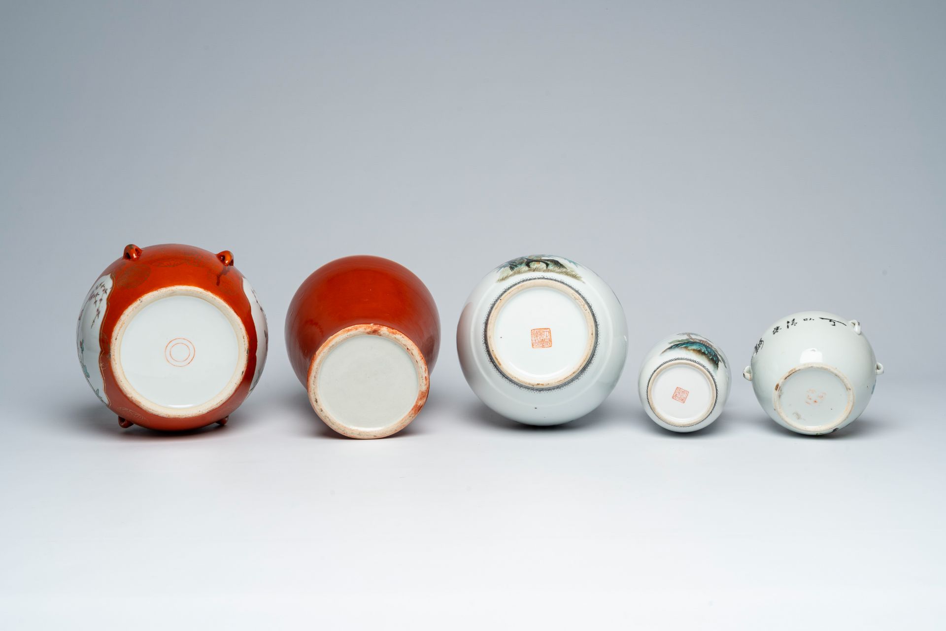 A varied collection of Chinese polychrome porcelain comprising two jars and covers and three vases, - Image 7 of 9