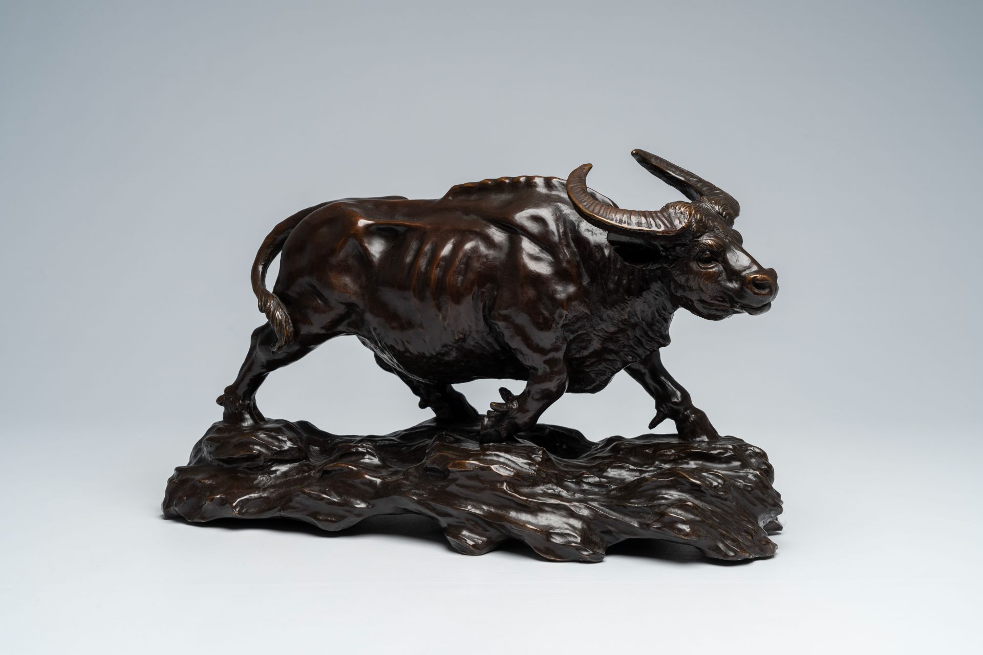 Illegibly signed (20th C.): Water buffalo, brown patinated bronze