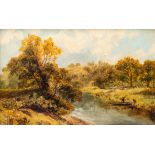 English school, illegibly signed: Animated river landscape, oil on canvas, 19th C.