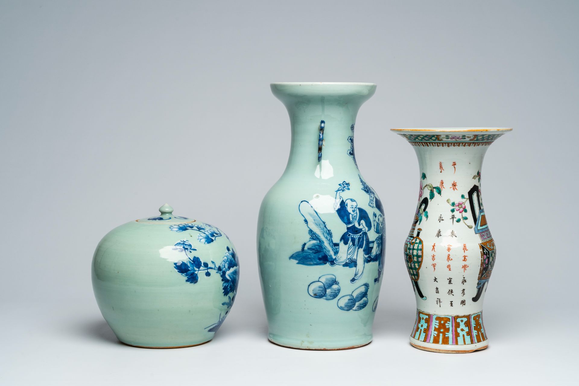 A Chinese blue and white celadon ground vase with figures in a garden, a ginger jar and a famille ro - Image 5 of 9