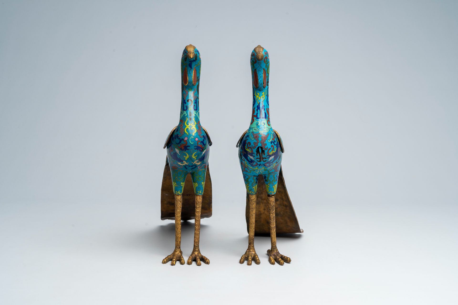 A pair of Chinese cloisonnÃ© phoenix-shaped incense burners, 20th C. - Image 2 of 8