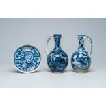 Two Japanese blue and white Arita jugs and a Chinese blue and white Vietnamese market 'Bleu de Hue'