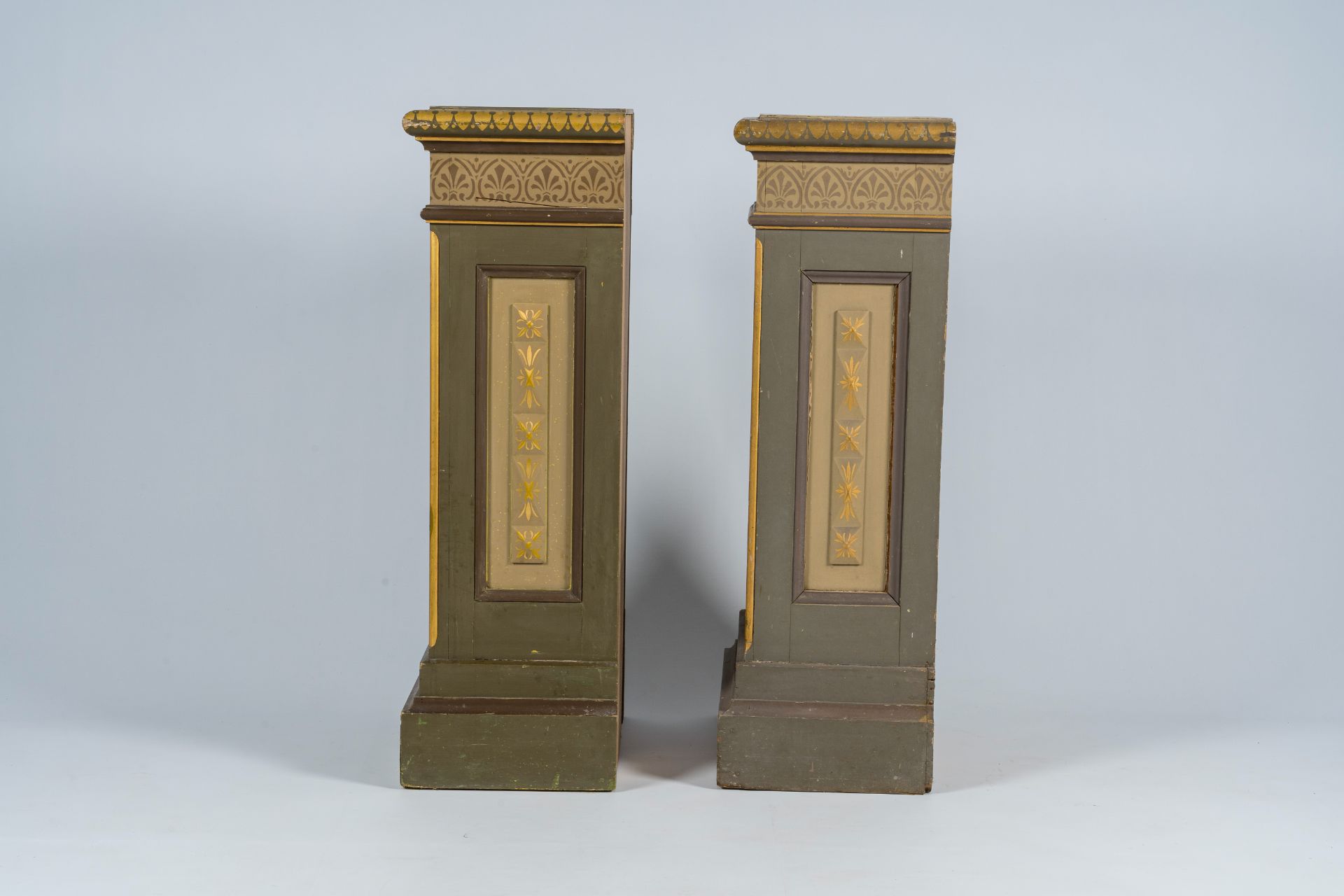 A pair of Flemish or French Gothic revival polychrome painted and gilt wood pedestals, first quarter - Image 3 of 8