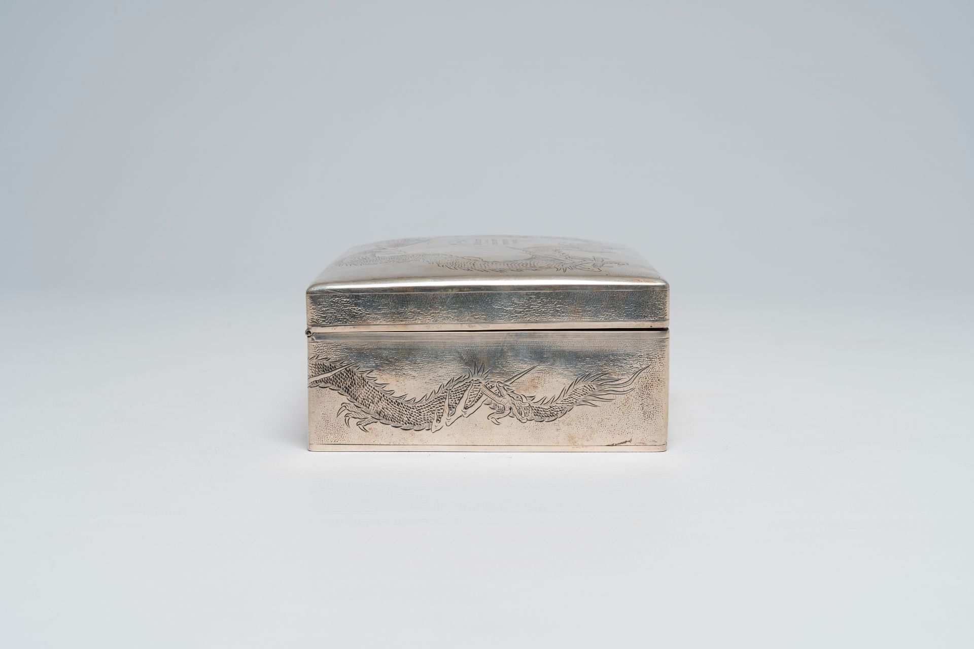 A Chinese silver box and cover with engraved dragon design, maker's mark Wing On & Company, first ha - Image 6 of 10