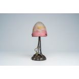 A French wrought iron 'mushroom' table lamp with a glass paste shade, Muller FrÃ¨res, Luneville, sec