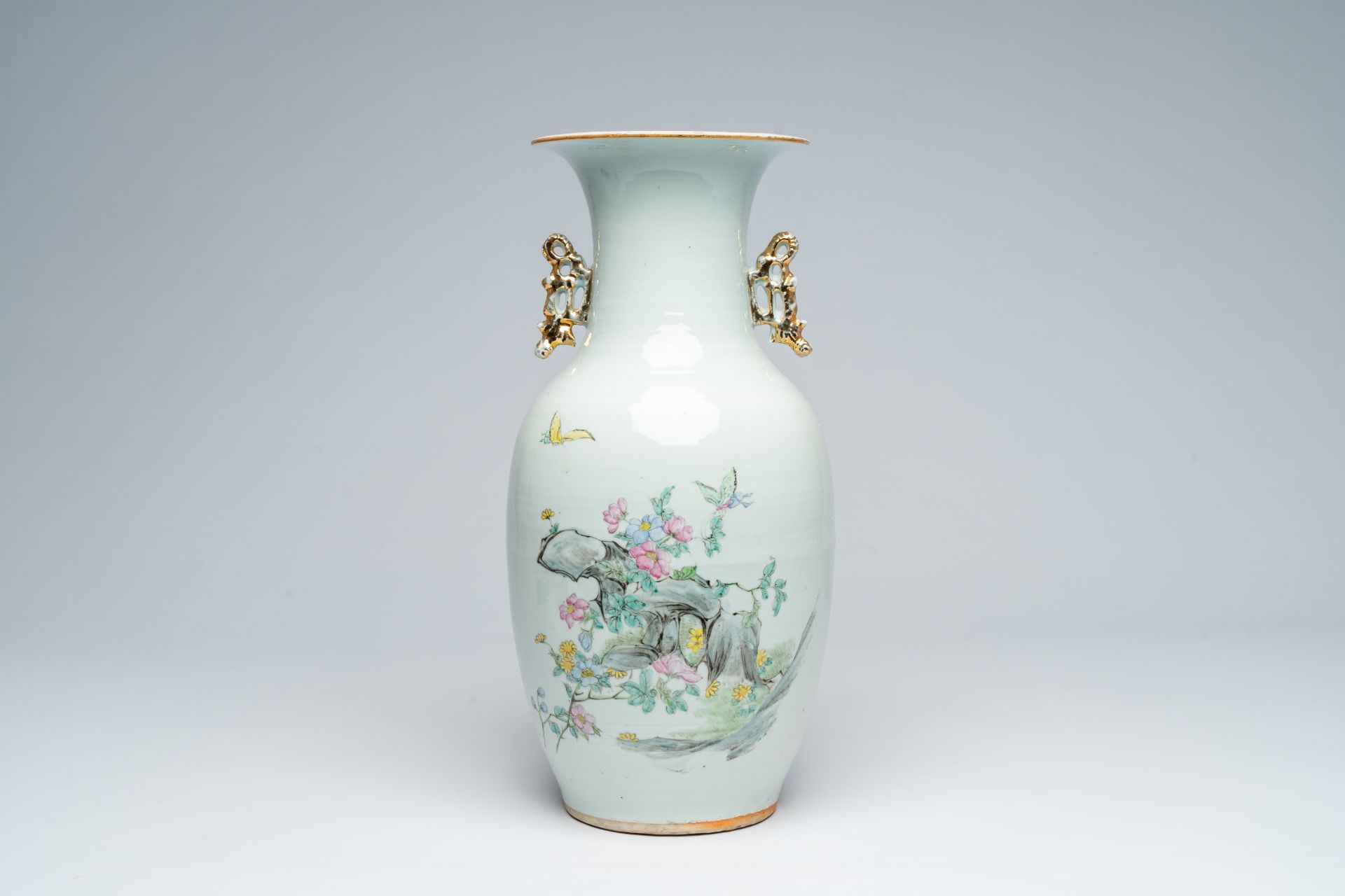 A Chinese famille rose double design vase with ladies in a garden and butterflies among blossoming b - Image 3 of 6