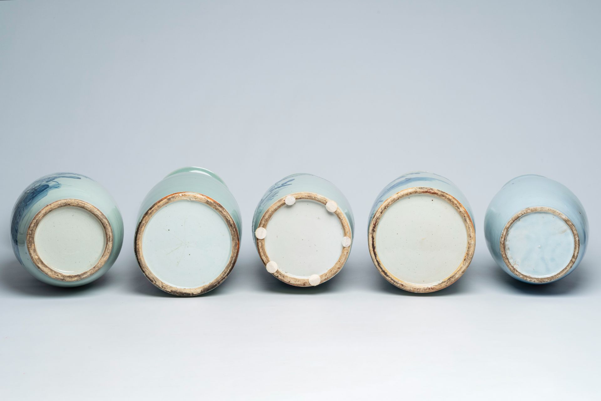 Five Chinese blue, white and celadon ground vases with animals and floral design, 19th C. - Image 6 of 6