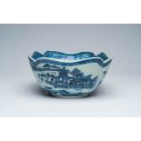 A Chinese blue and white salad bowl with an animated river landscape all around, Qianlong