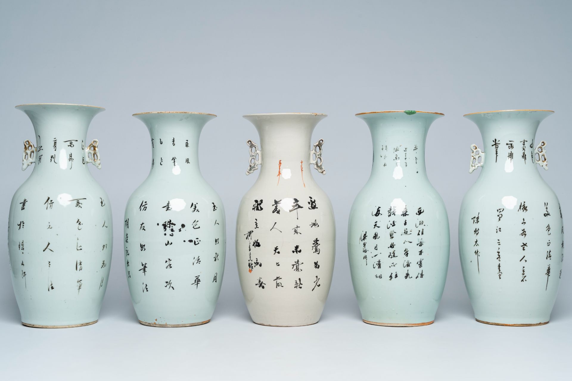 Five various Chinese qianjiang cai vases with figures in a landscape and a palace garden, 19th/20th - Image 3 of 6