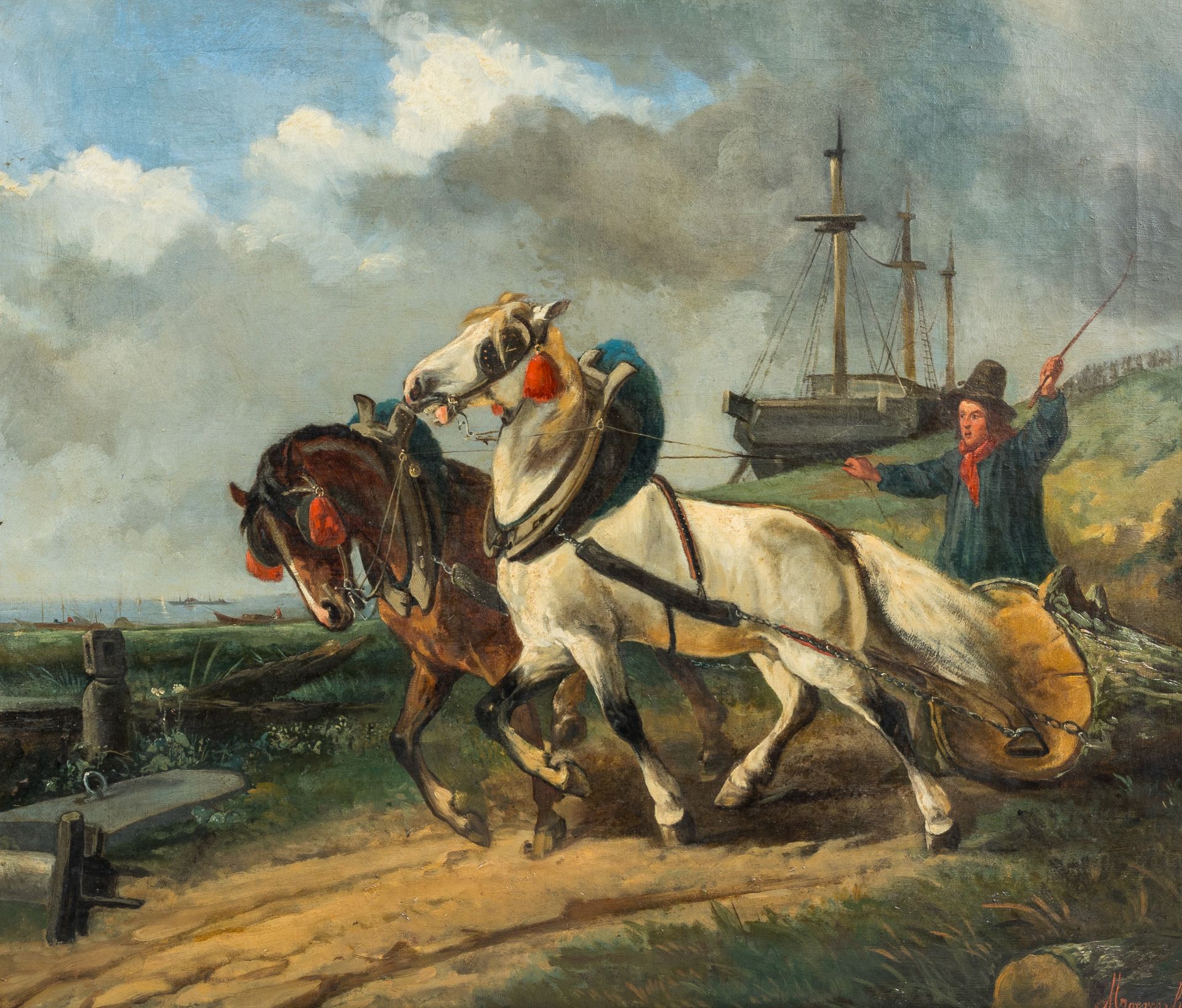 Jozef Judocus Moerenhout (1801-1875, in the manner of): Driving the horses, oil on canvas, 19th/20th