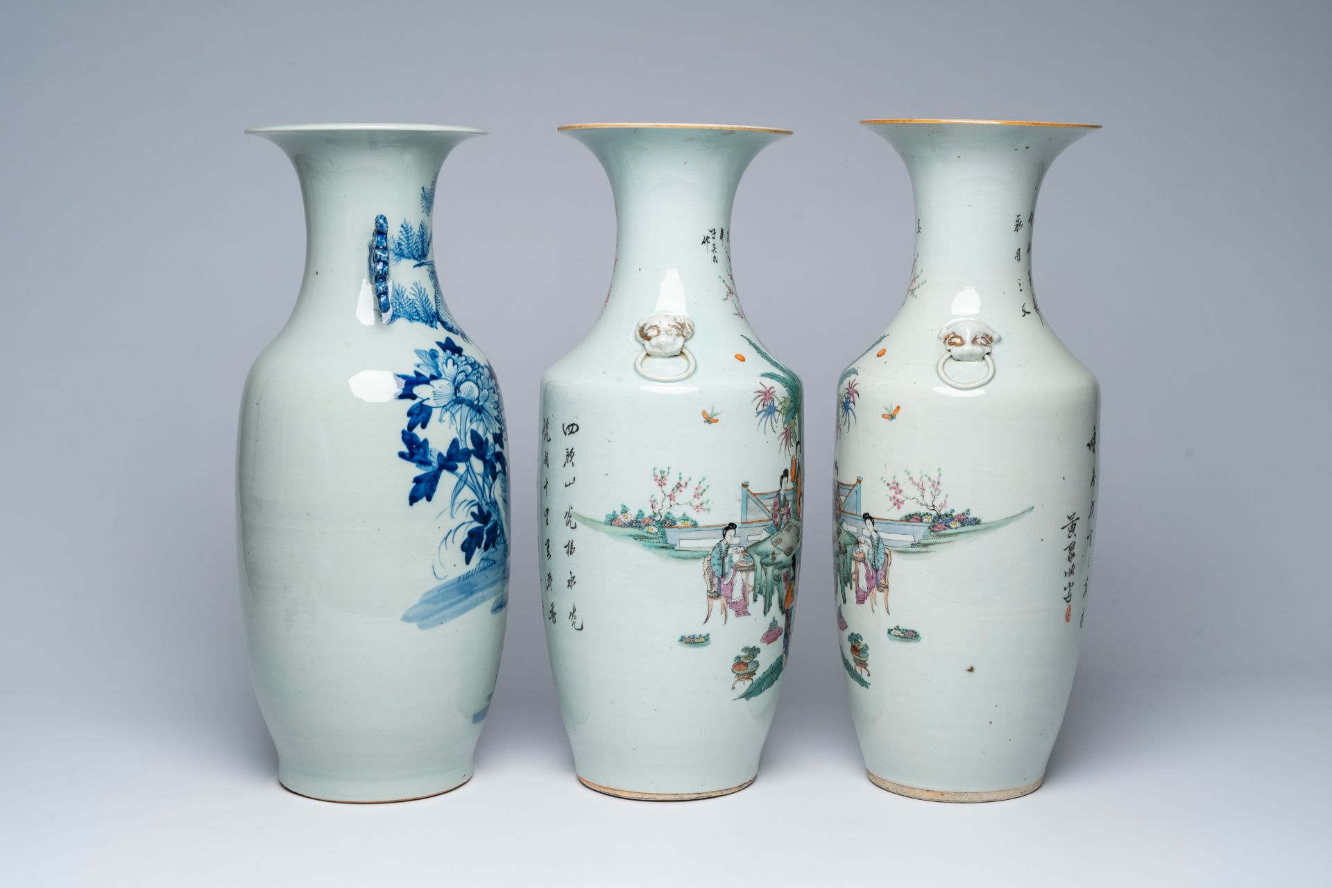 A pair of Chinese famille rose vases with ladies at leisure and a blue and white celadon ground 'dee - Image 3 of 5