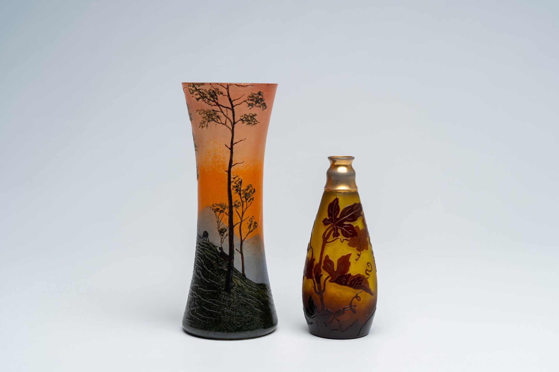 A French Legras acid etched cameo glass vase with an autumn landscape and a GallÃ© cameo glass vase