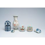 Five Chinese famille rose, famille verte and blue and white boxes and covers and a wall vase with fl