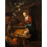 Dutch school: Kitchen maid with her dog at the well, oil on panel, 17th C.