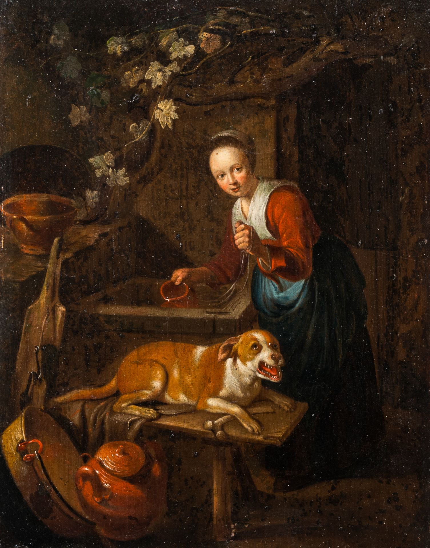 Dutch school: Kitchen maid with her dog at the well, oil on panel, 17th C.