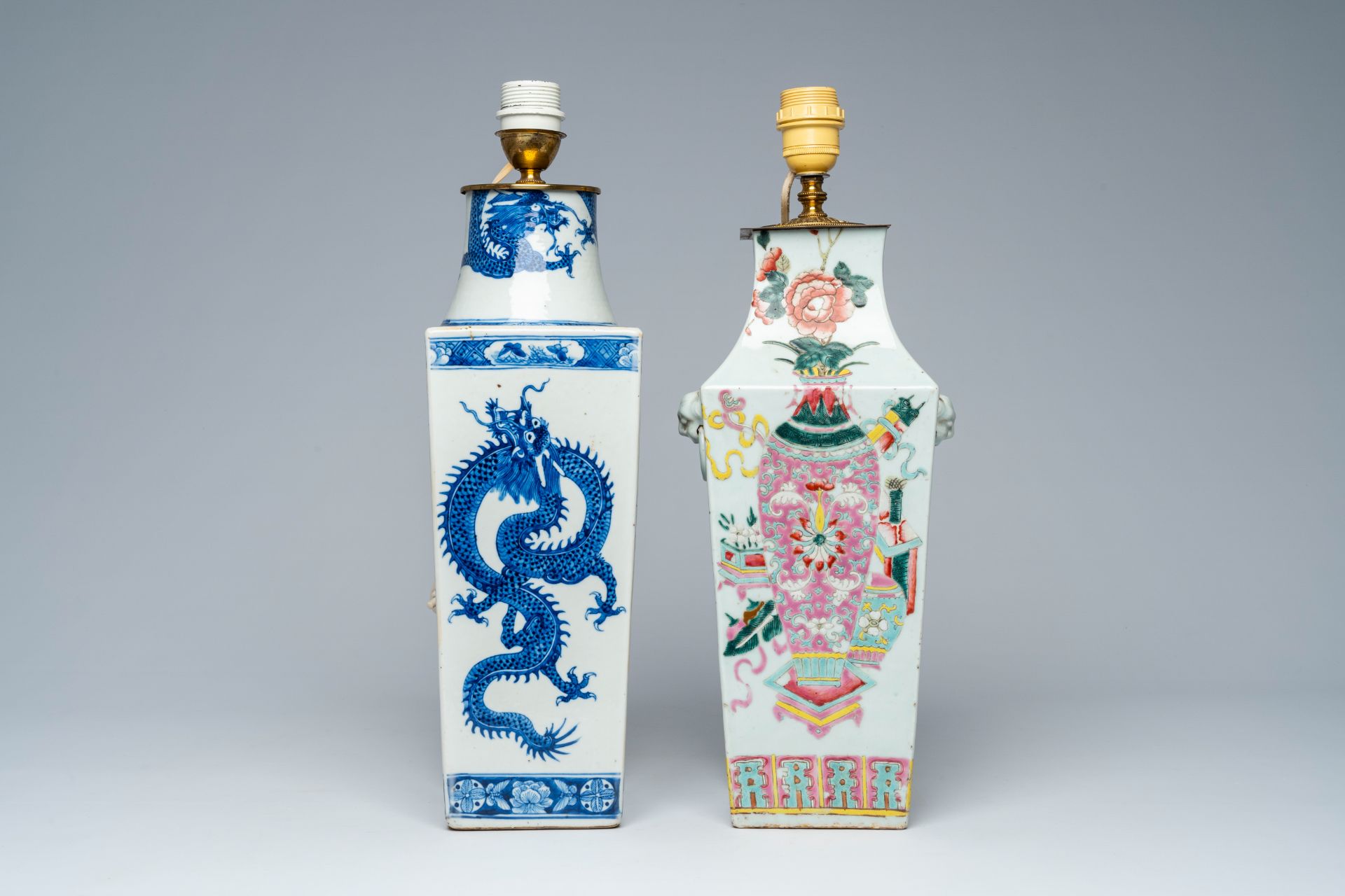 Two Chinese square blue, white and famille rose vases with dragons and antiquities mounted as lamps, - Image 2 of 8