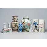 Six Chinese famille rose, verte and blue and white vases and two hat stands with floral design, 19th