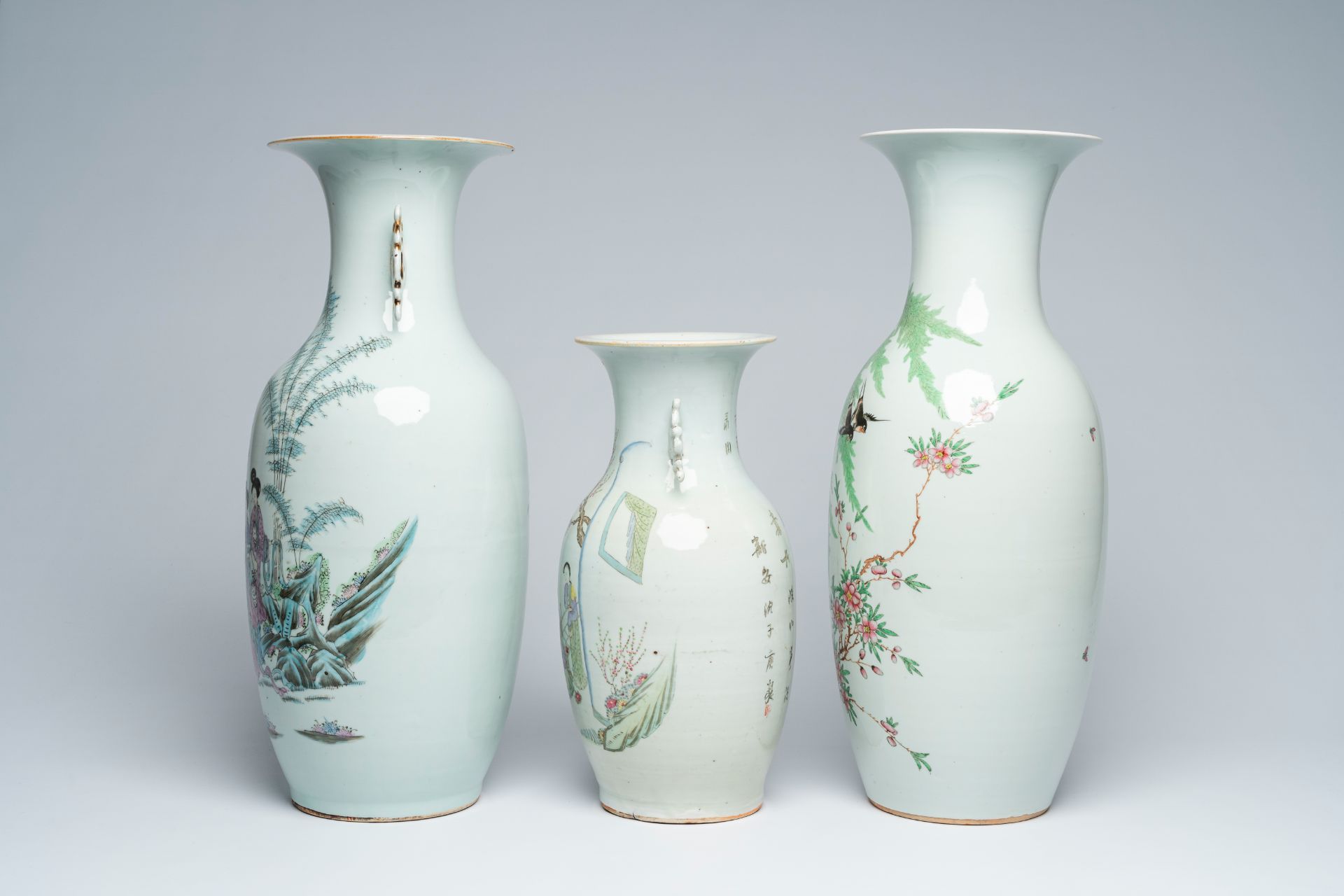 Three Chinese qianjiang cai vases with ladies in a garden and birds among blossoming branches, 19th/ - Image 3 of 7