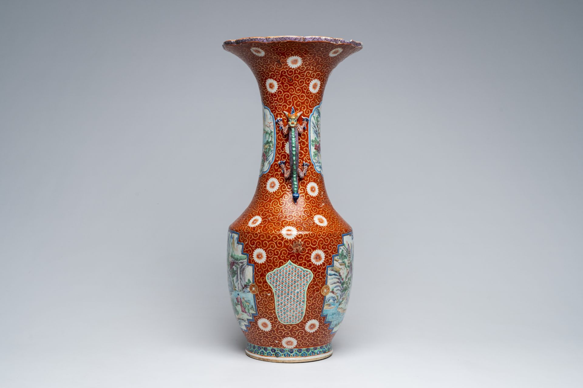 A Chinese famille rose vase after a Japanese example and ten famille rose dishes with animated scene - Image 3 of 17