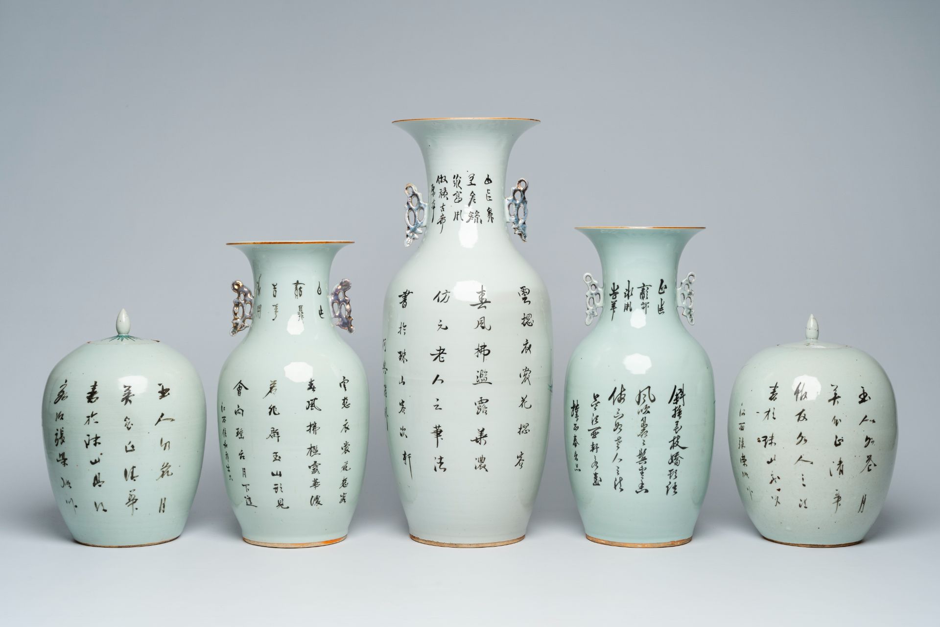 Three Chinese famille rose and qianjiang cai vases with ladies in a garden and two jars and covers, - Image 4 of 11