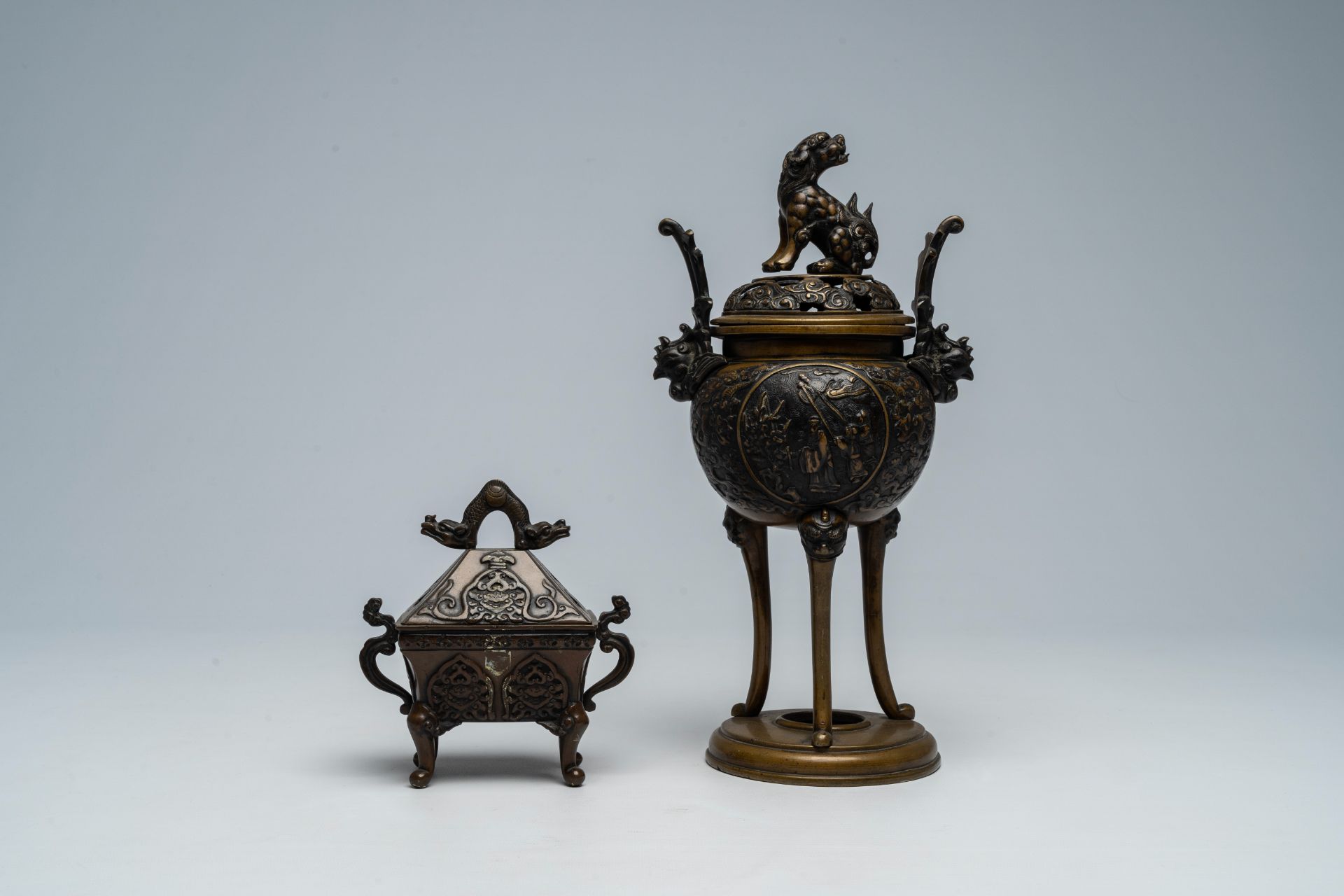 Two Japanese bronze incense burners with relief design, Meiji, 19th C. - Image 2 of 7