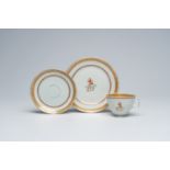 Two Chinese monogrammed armorial plates and a cup, Jiaqing