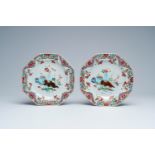 A pair of octogonal Chinese famille rose plates with antiques and floral design, Qianlong