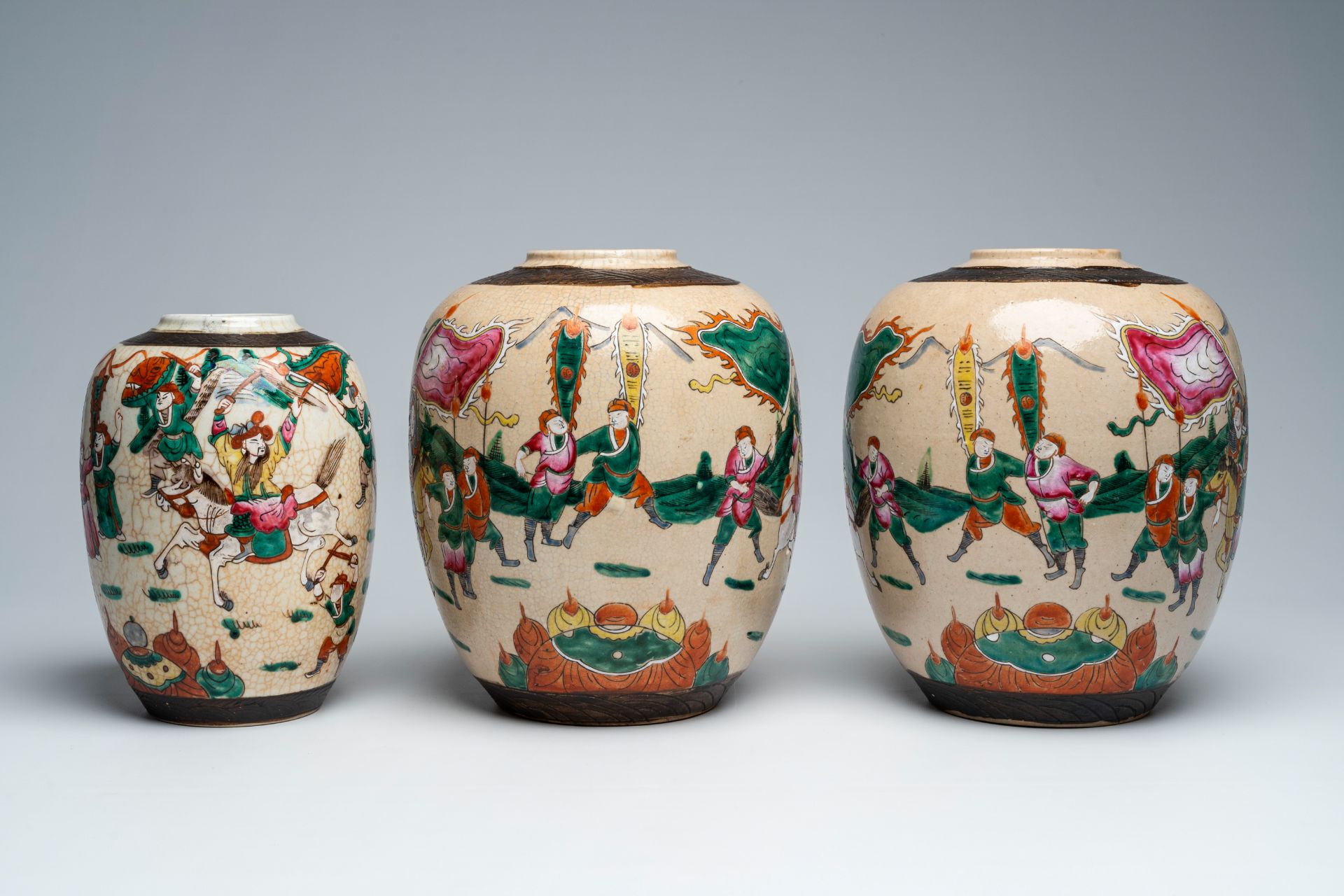 Three Chinese Nanking crackle glazed famille rose 'warrior' ginger jars, 19th C. - Image 3 of 5