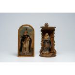 A Southern European painted altar door with a monk and a carved, polychrome painted and gilt wood Ma