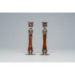 A pair of English or Scottish Arts & Crafts style silver and glass candlesticks, 20th C.