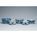 Five Chinese blue and white bowls with antiquities and animated scenes, Kangxi and later