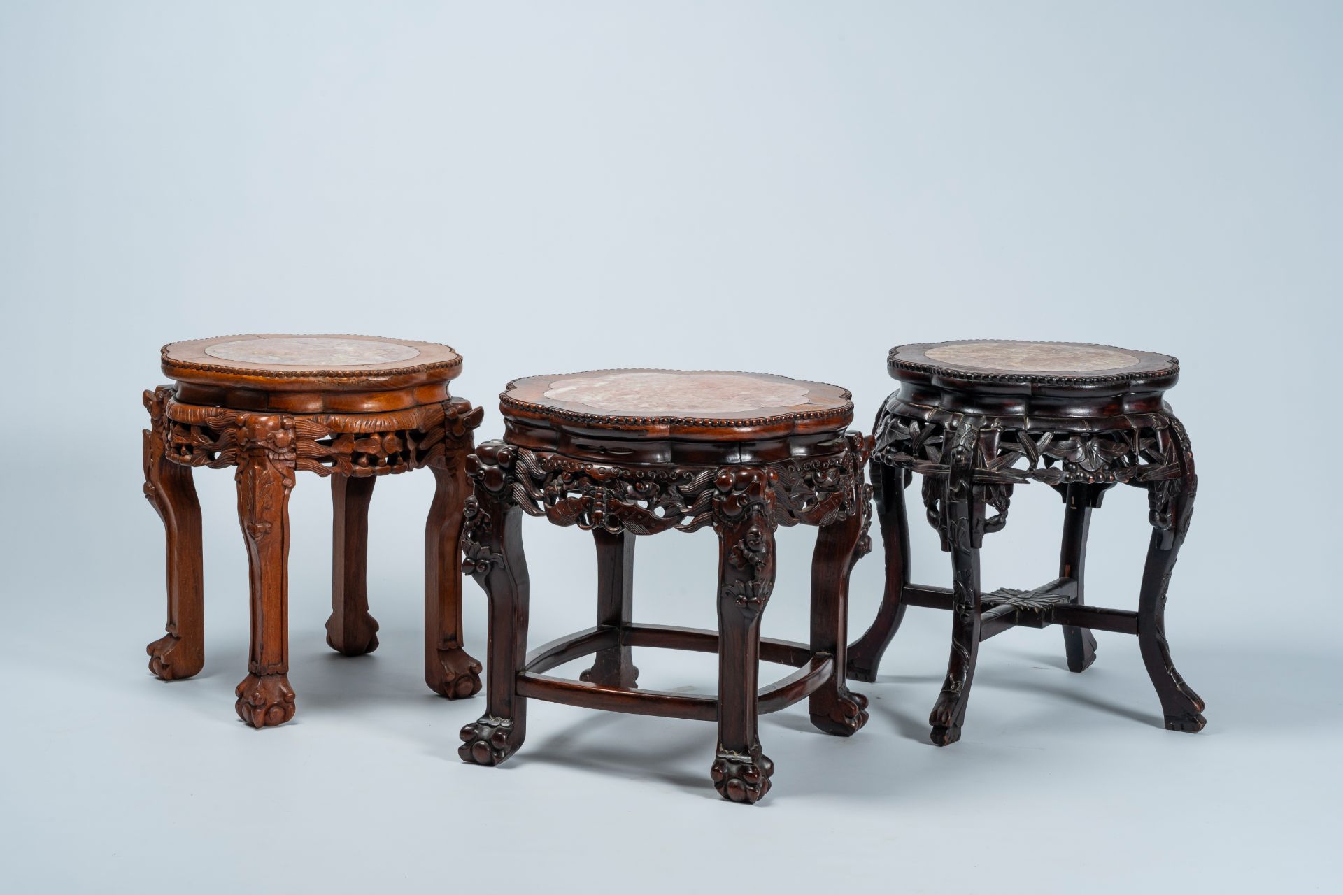 Three Chinese open worked lobed carved wood stands with marble top, 19th/20th C. - Image 2 of 8