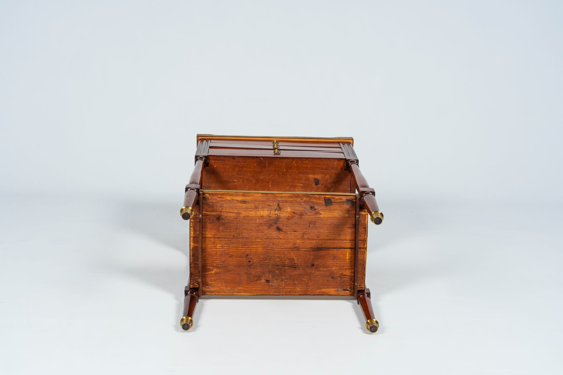 A French mahogany gilt brass mounted side table with three drawers, late 19th C. - Image 8 of 8