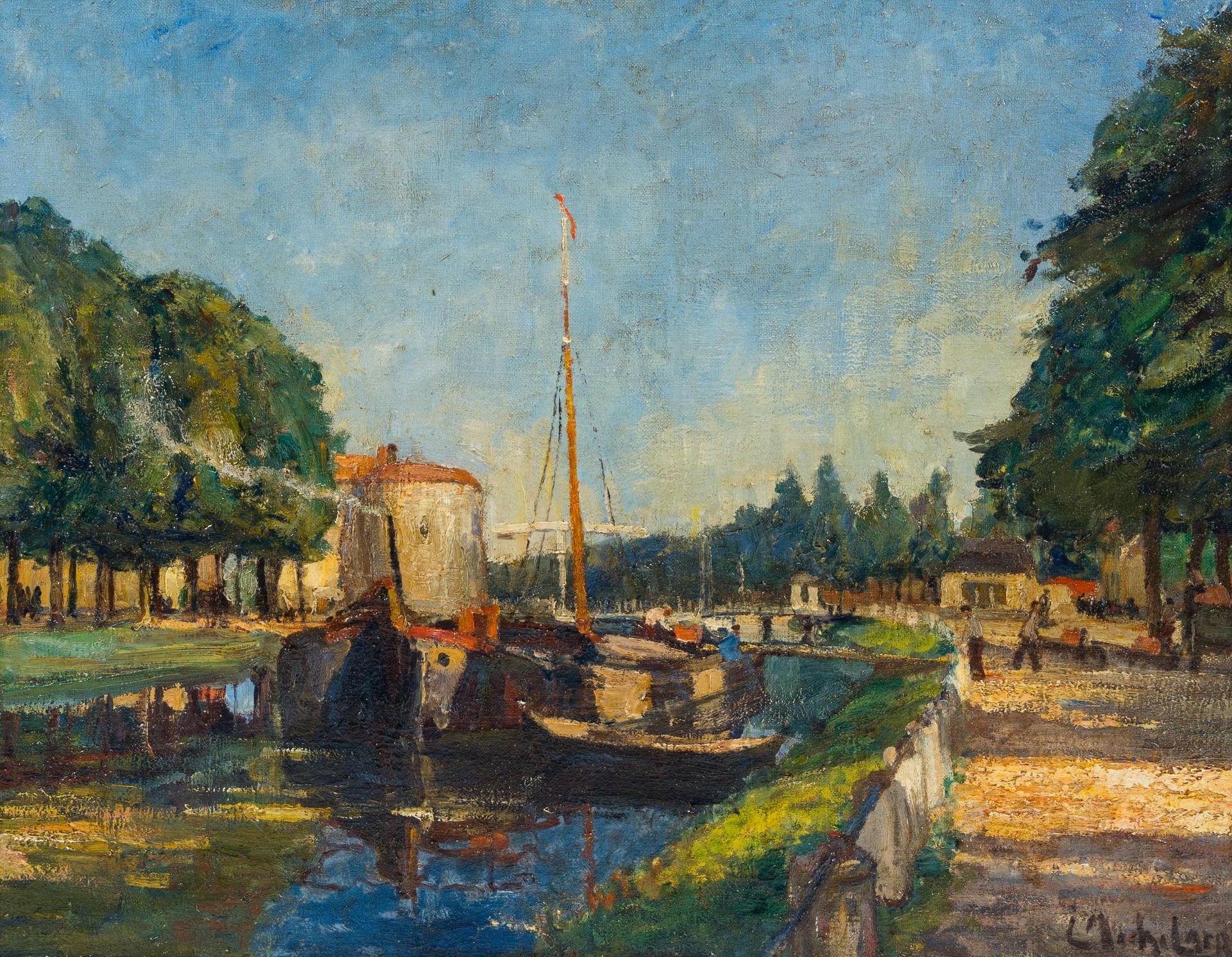 Leo Mechelaere (1880-1964): View on the Ringvaart and the Kruispoort in Bruges, oil on canvas