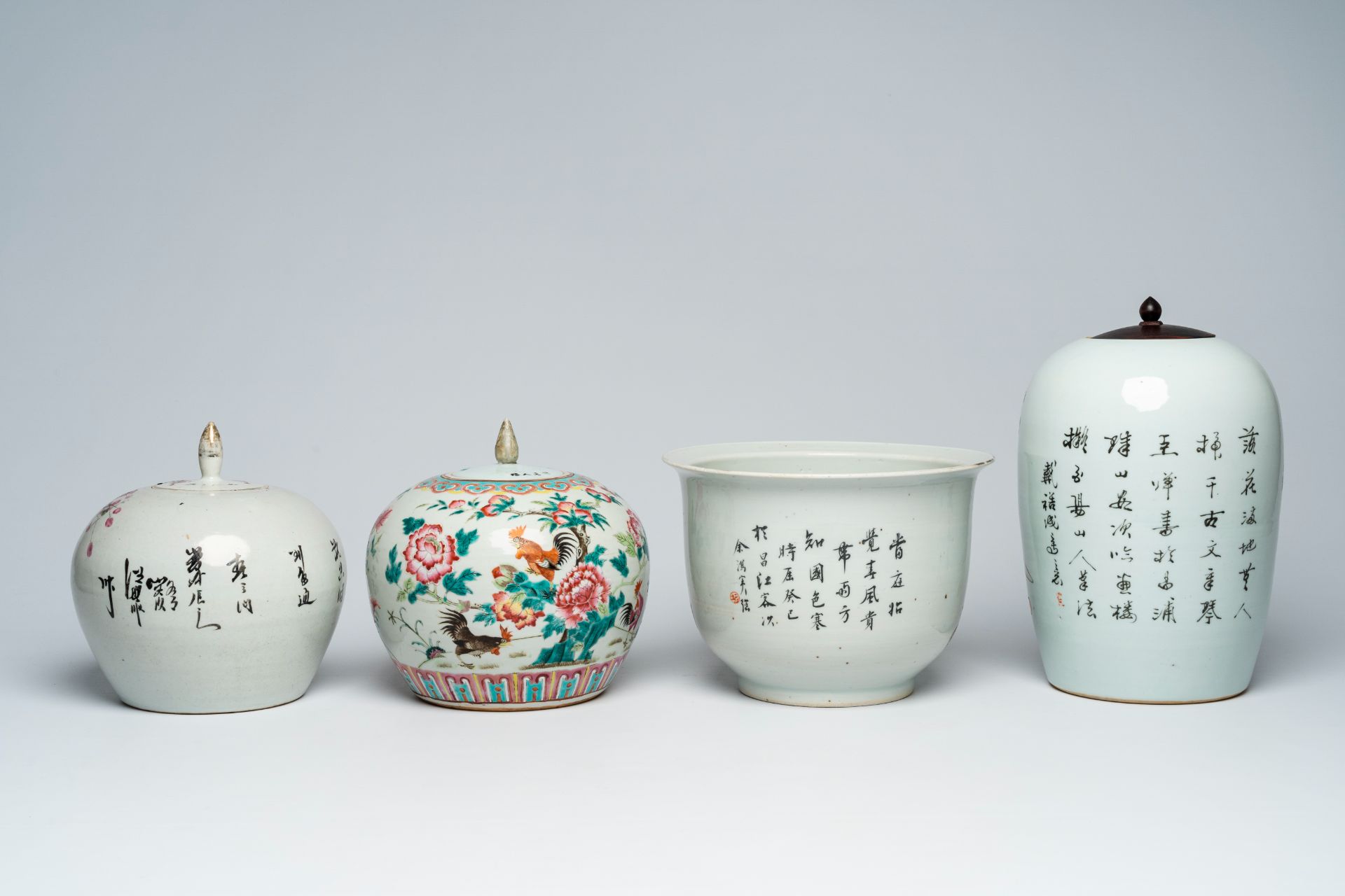 Three Chinese famille rose and qianjiang cai jars and covers and a qianjiang cai 'antiquities' jardi - Image 3 of 8