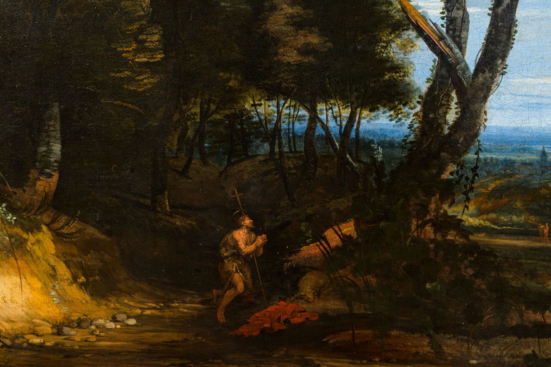 Flemish school: Landscape with Saint Jerome praying, oil on canvas, 17th C. - Image 5 of 7