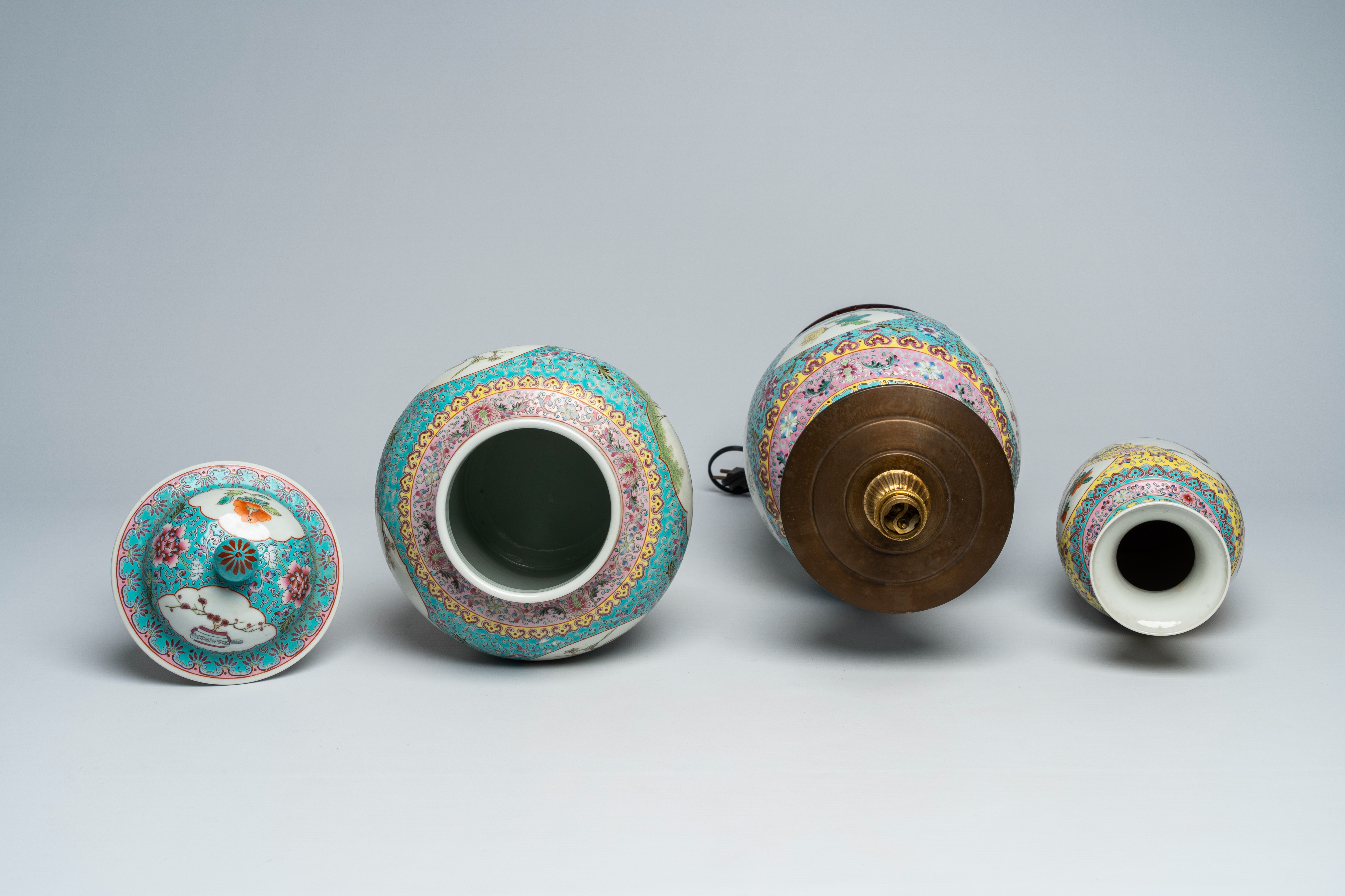 Three various Chinese famille rose vases, one of which mounted as a lamp, 20th C. - Image 5 of 6