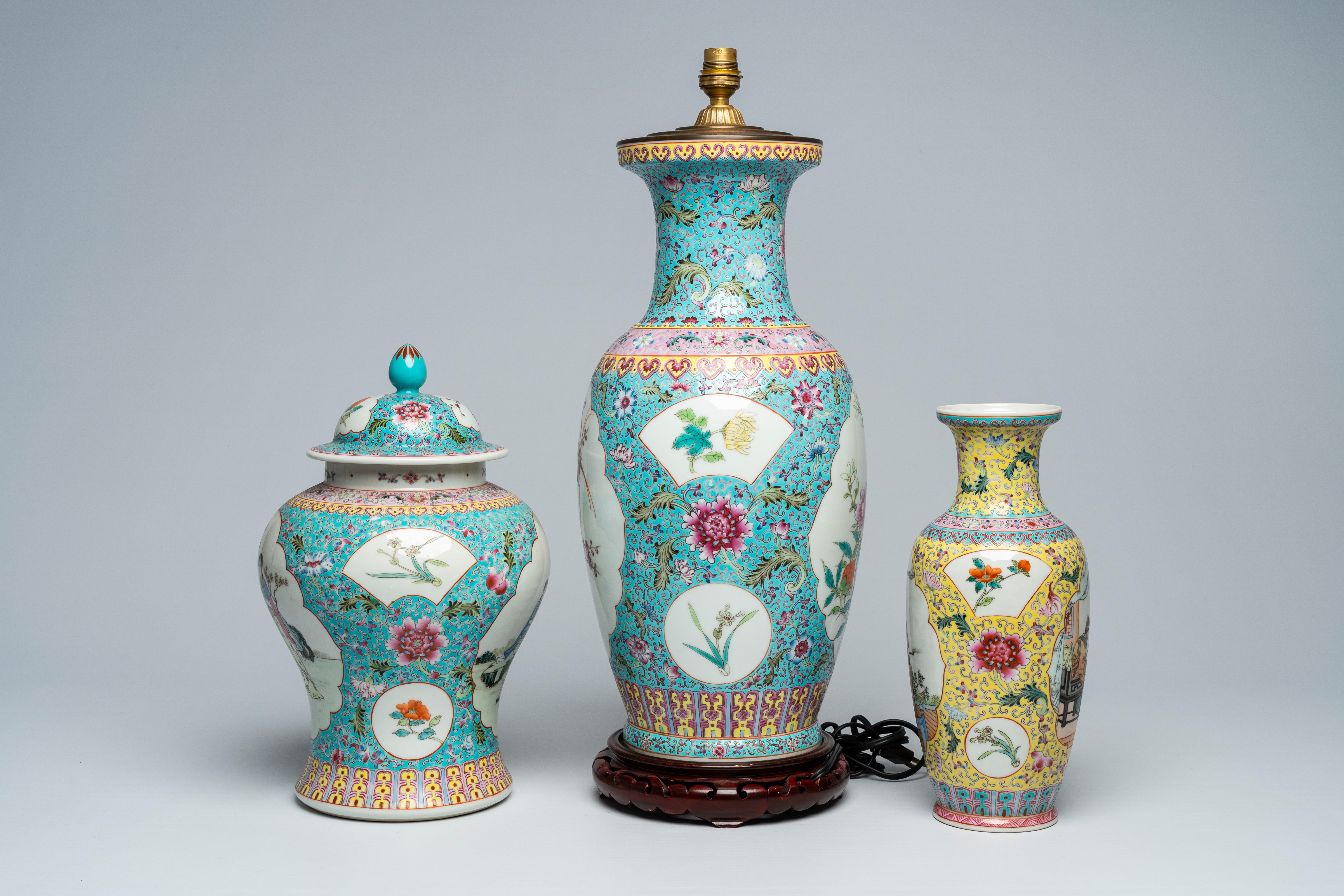 Three various Chinese famille rose vases, one of which mounted as a lamp, 20th C. - Image 2 of 6