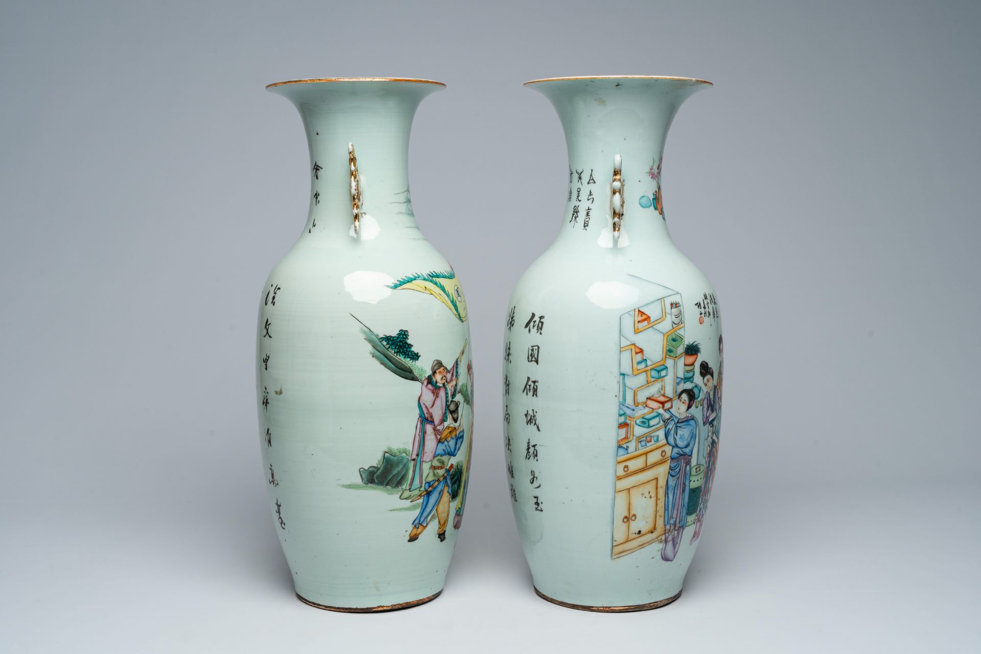 Two Chinese famille rose vases with Immortals and ladies in a garden, 19th/20th C. - Image 3 of 5