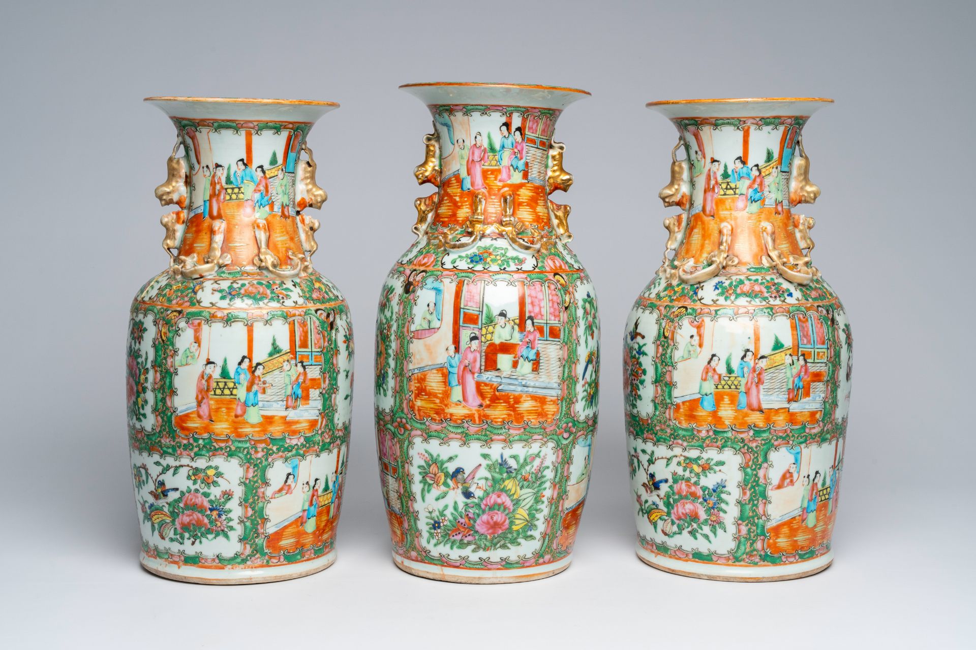 Three Chinese Canton famille rose vases with palace scenes and floral design, ca. 1900 - Image 3 of 6