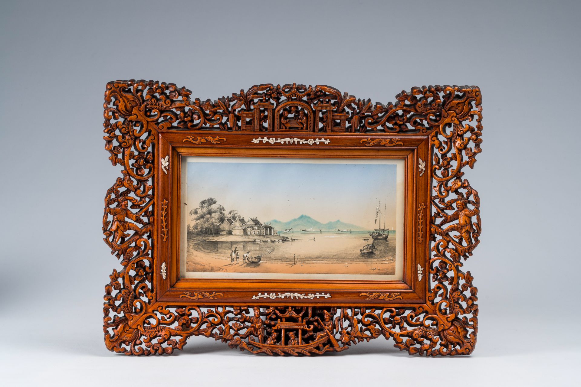Chinese school, Canton: View on a bay, mixed media on paper, in an openworked wood frame, 19th C. - Image 2 of 4