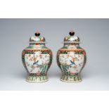 A pair of Chinese famille verte vases and covers with birds on blossoming branches, 19th C.