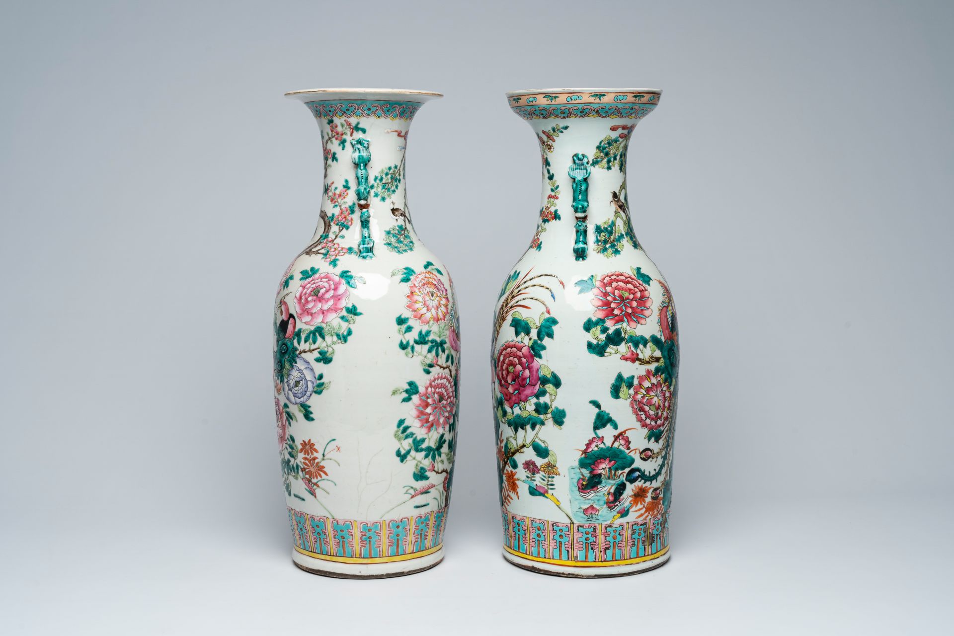 Two Chinese famille rose vases with phoenixes, pheasants and cranes among blossoming branches, 19th - Image 4 of 6