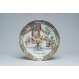 A Chinese Canton famille rose dish with a palace scene, Xuande mark, 19th C.