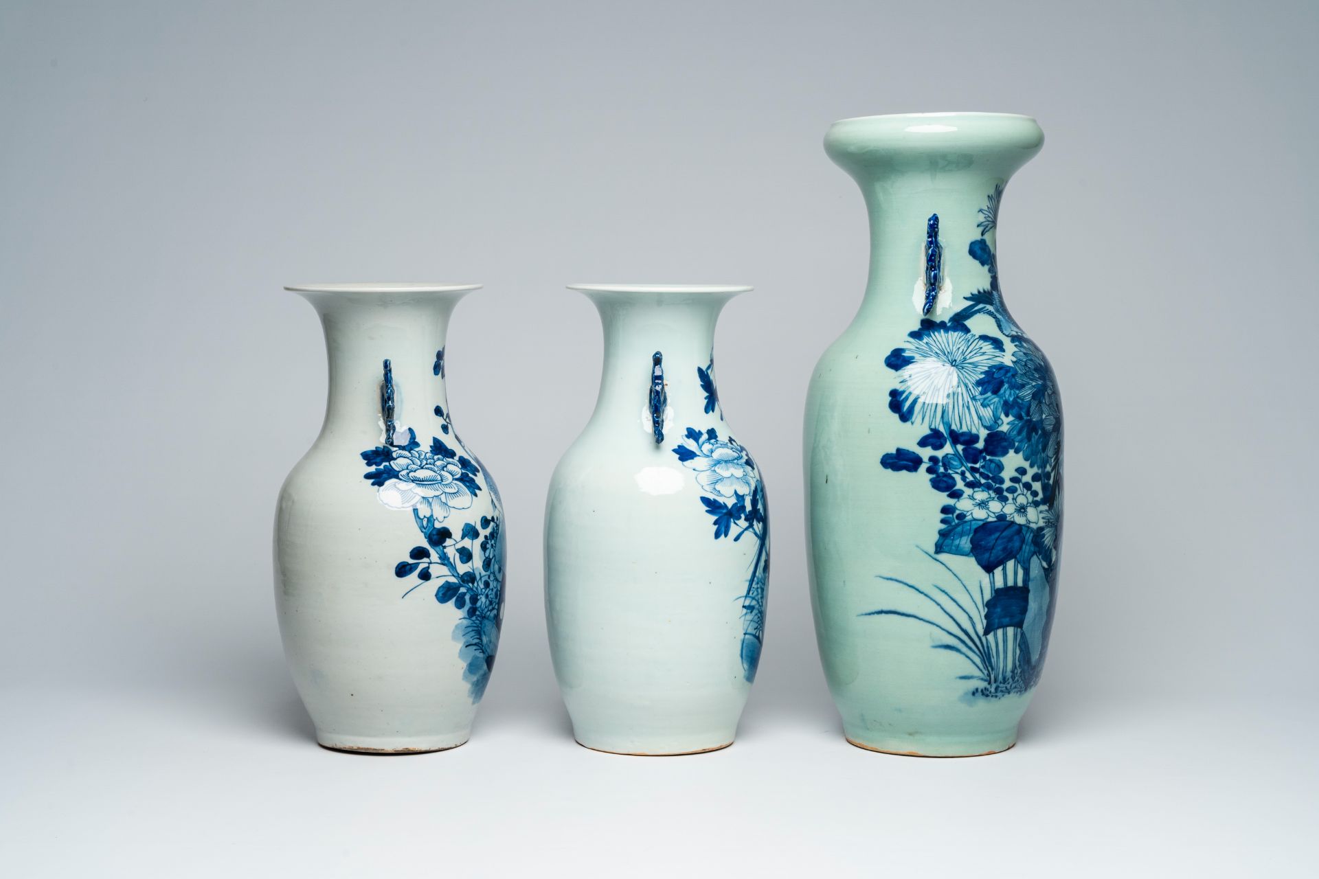 Three Chinese blue and white celadon ground vases with birds among blossoming branches, 19th C. - Image 5 of 7