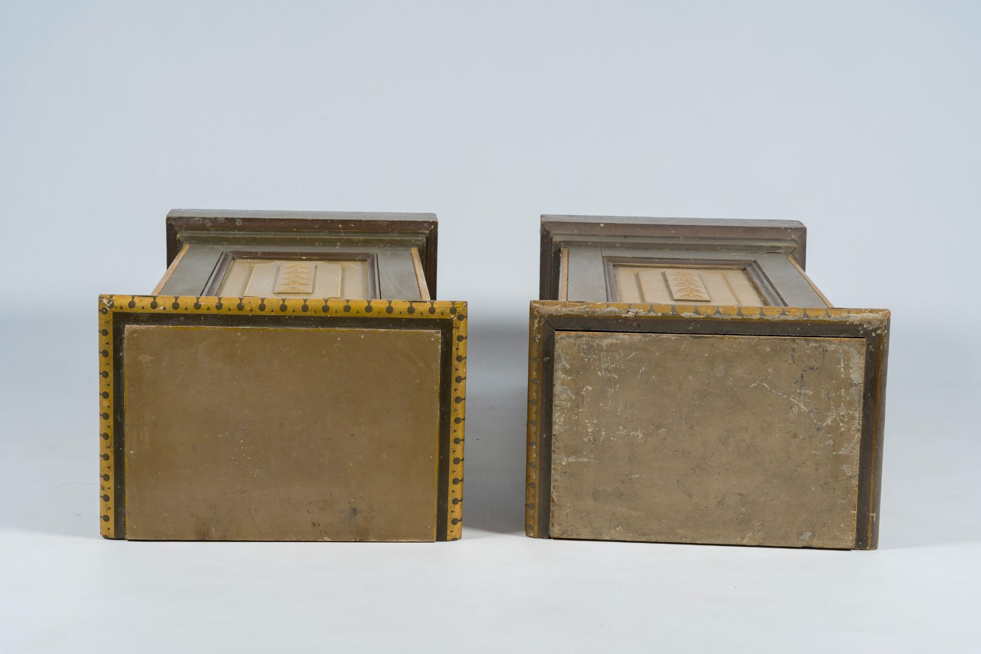 A pair of Flemish or French Gothic revival polychrome painted and gilt wood pedestals, first quarter - Image 6 of 8