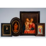 A varied collection of three religious paintings and a marquetry panel depicting the profit of good