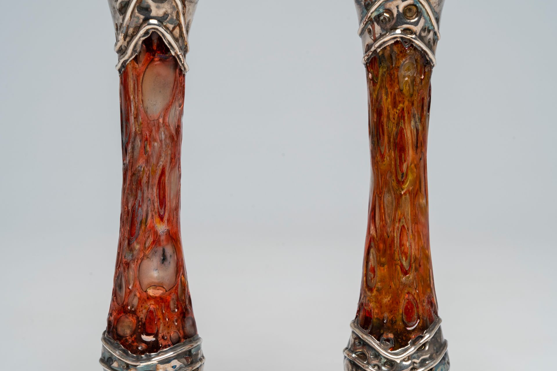 A pair of English or Scottish Arts & Crafts style silver and glass candlesticks, 20th C. - Image 11 of 11